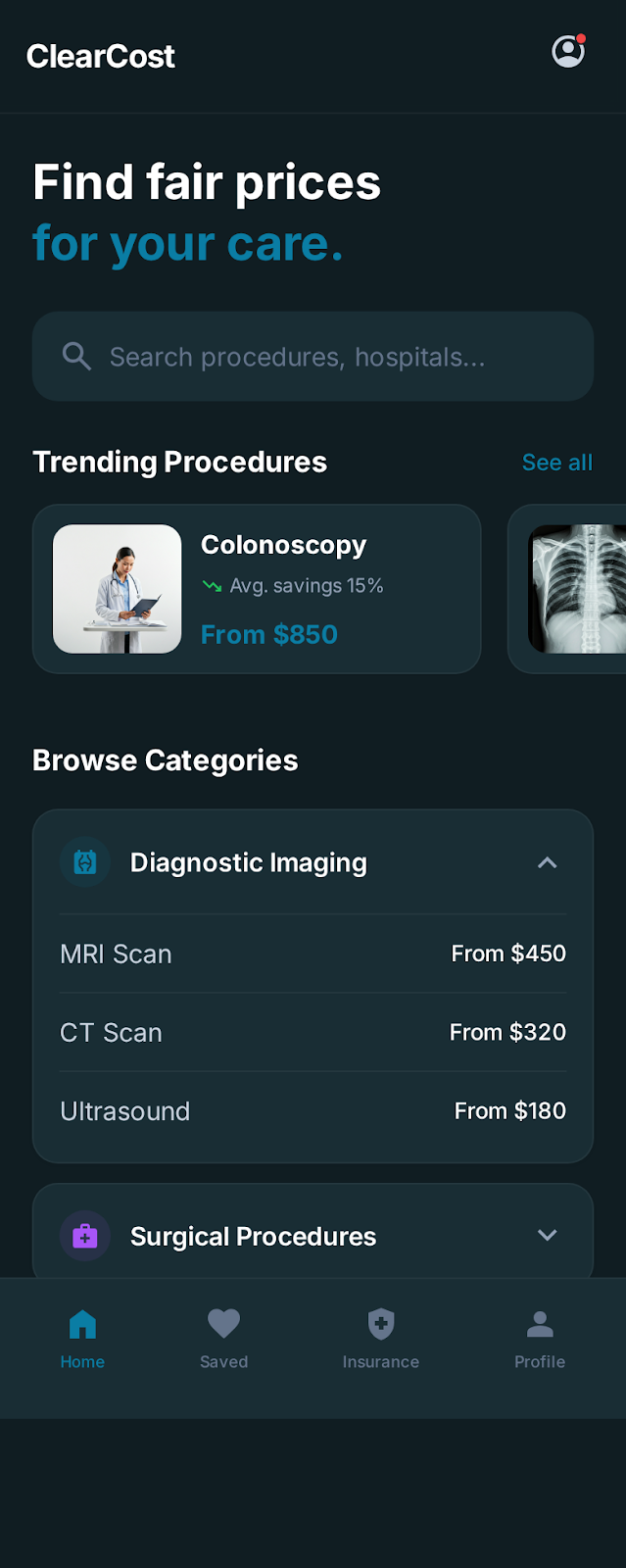ClearCost app home screen showing trending procedures and price ranges